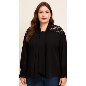 SHEIN Curve Womens 2XL Black Lace‎ Insert Long Sleeve Blouse Plus Sz Elegant Top